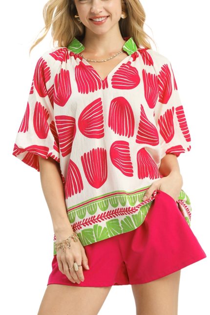 Shell Block Border Print V-neck Blouse
