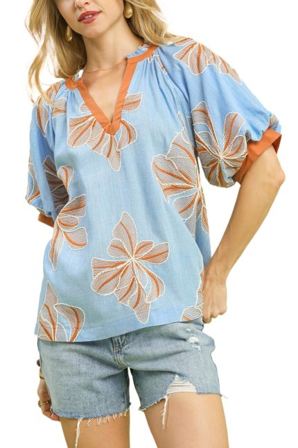 Embroidered V-neck Top