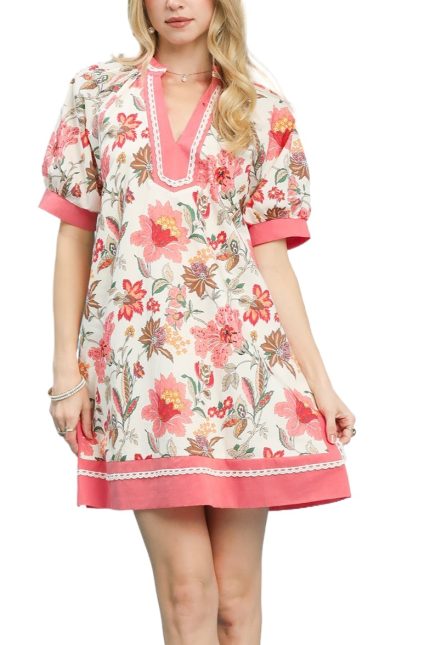 Floral Print Tunic Dress With Contrast Trim