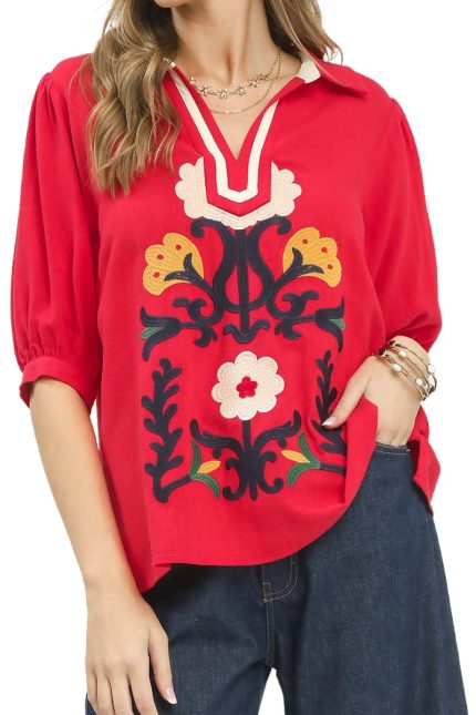 Mixed Media V-neck Print Top