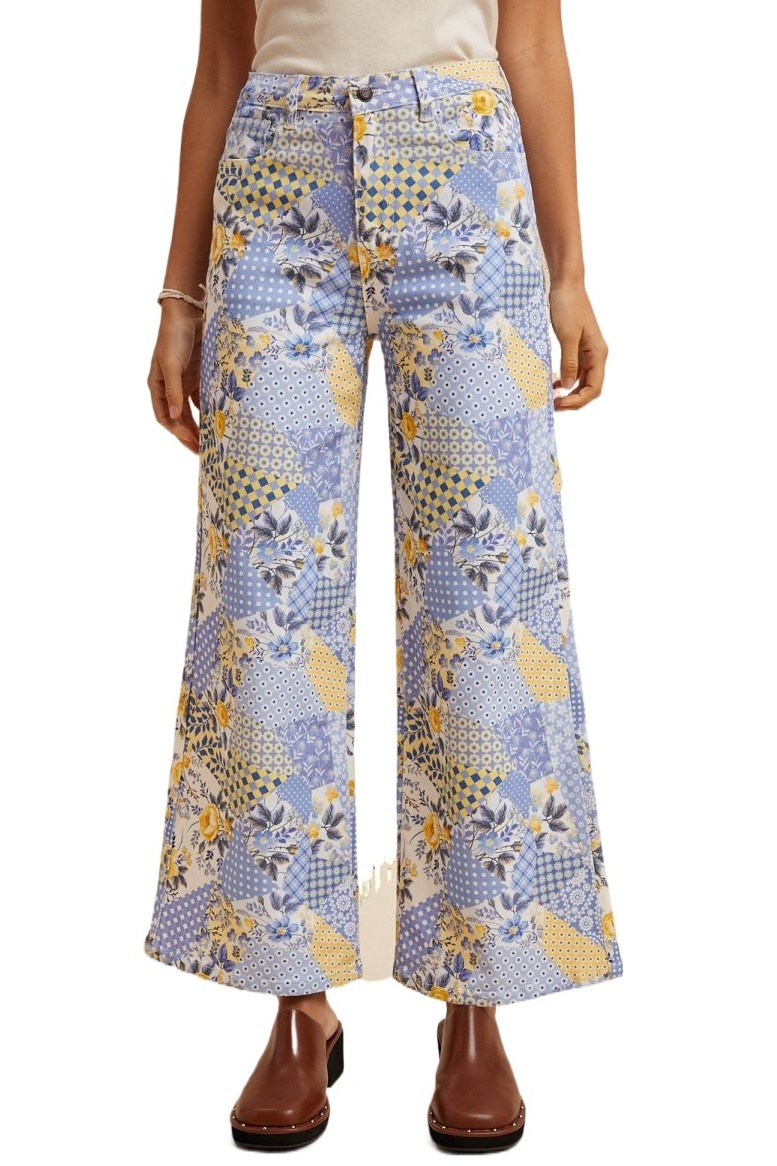 Patchwork Print Wide Leg Denim Pants