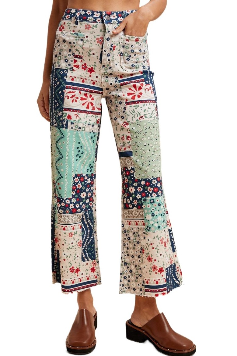 Floral Patchwork Print Cropped Flare Pants