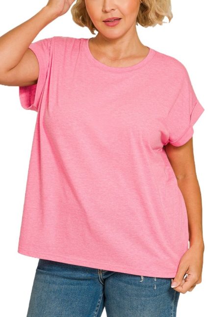 Plus Round Neck Folded Short Sleeve T-shirt