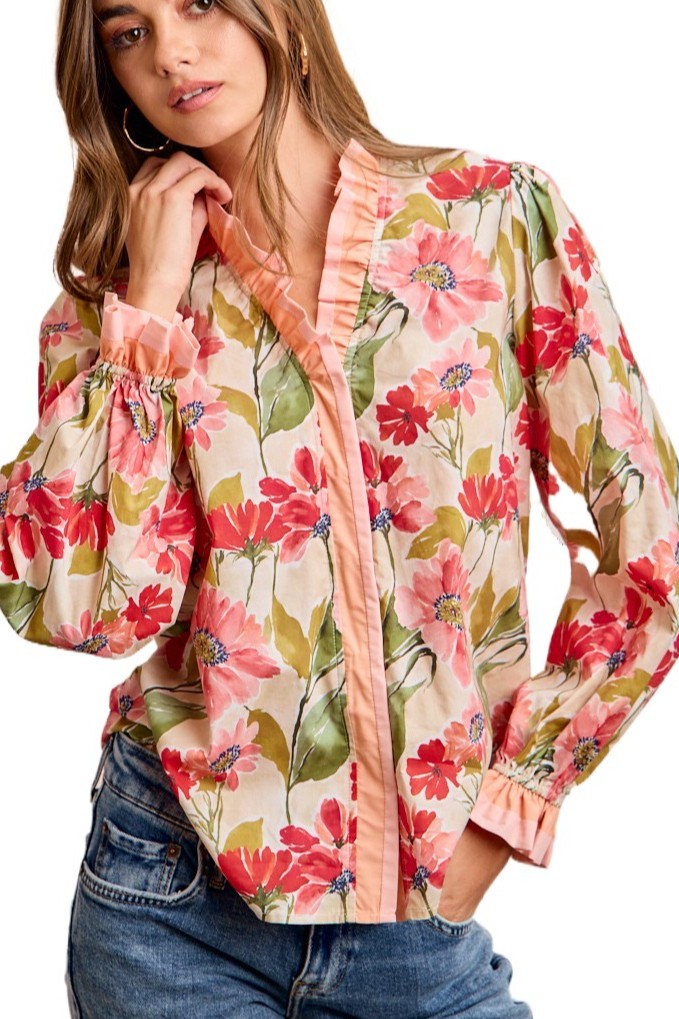 Floral Print Woven Contrast Ruffled Edge Blouse