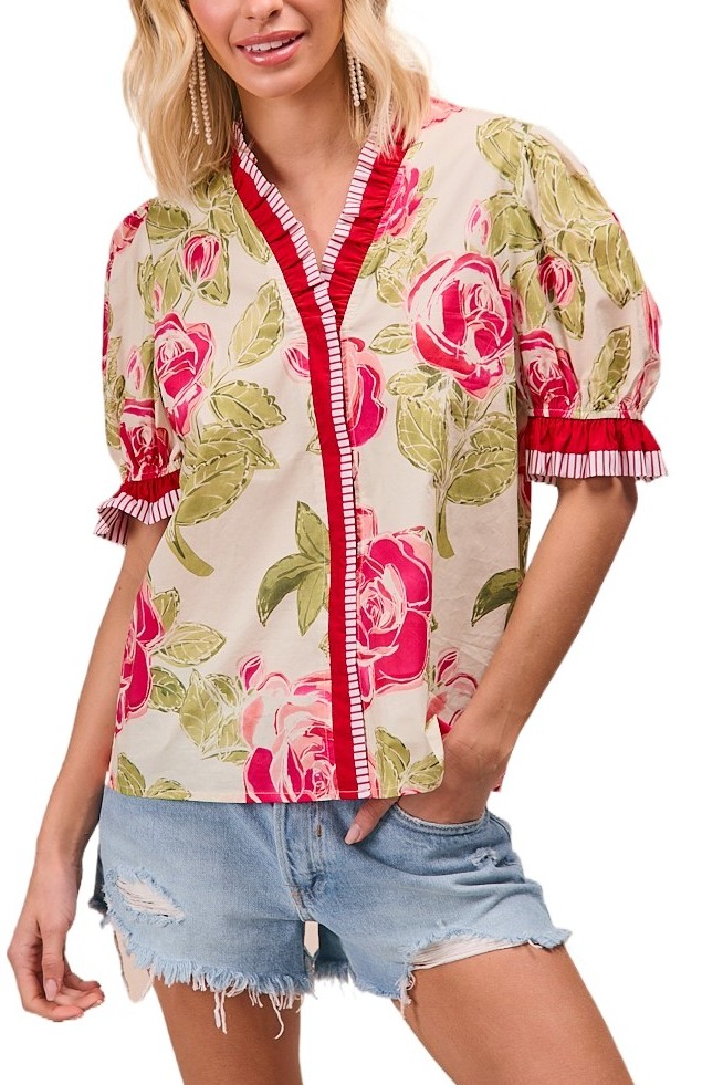 Floral Printed Woven Contrast Edge Ruffled Blouse