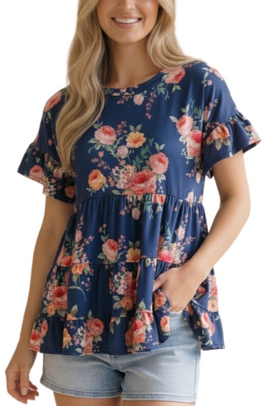 Frill Hem Babydoll Swing Floral Knit Top