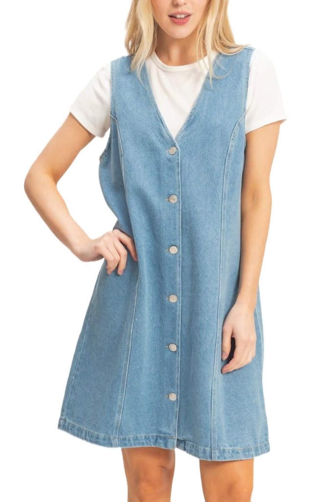 V-neck Button-front Denim Dress