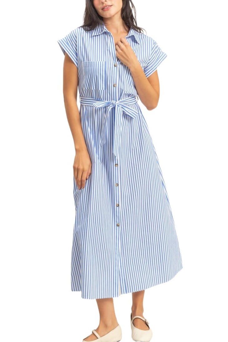 Striped Poplin Belted Shirt Dress With Pockets
