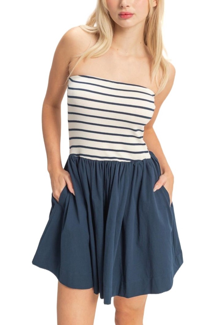 Strapless Striped Flowy Mini Dress