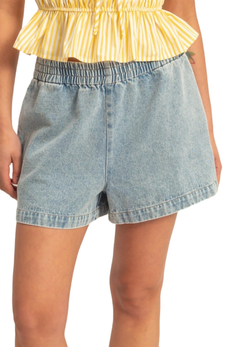Elastic Waist Mineral Wash Denim Shorts