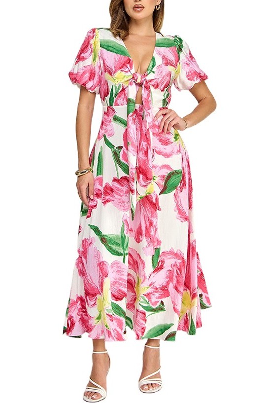 Printed Short Sleeve With Front Tie Midi Dress