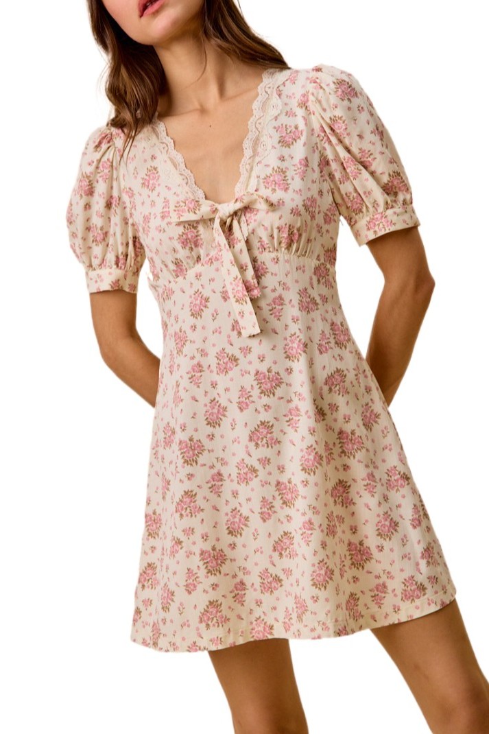 Floral Lace Trimed Short Sleeves Mini Dress