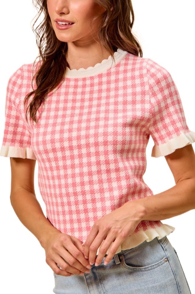 Gingham Knit Ruffled Short Sleeves Sweater Top