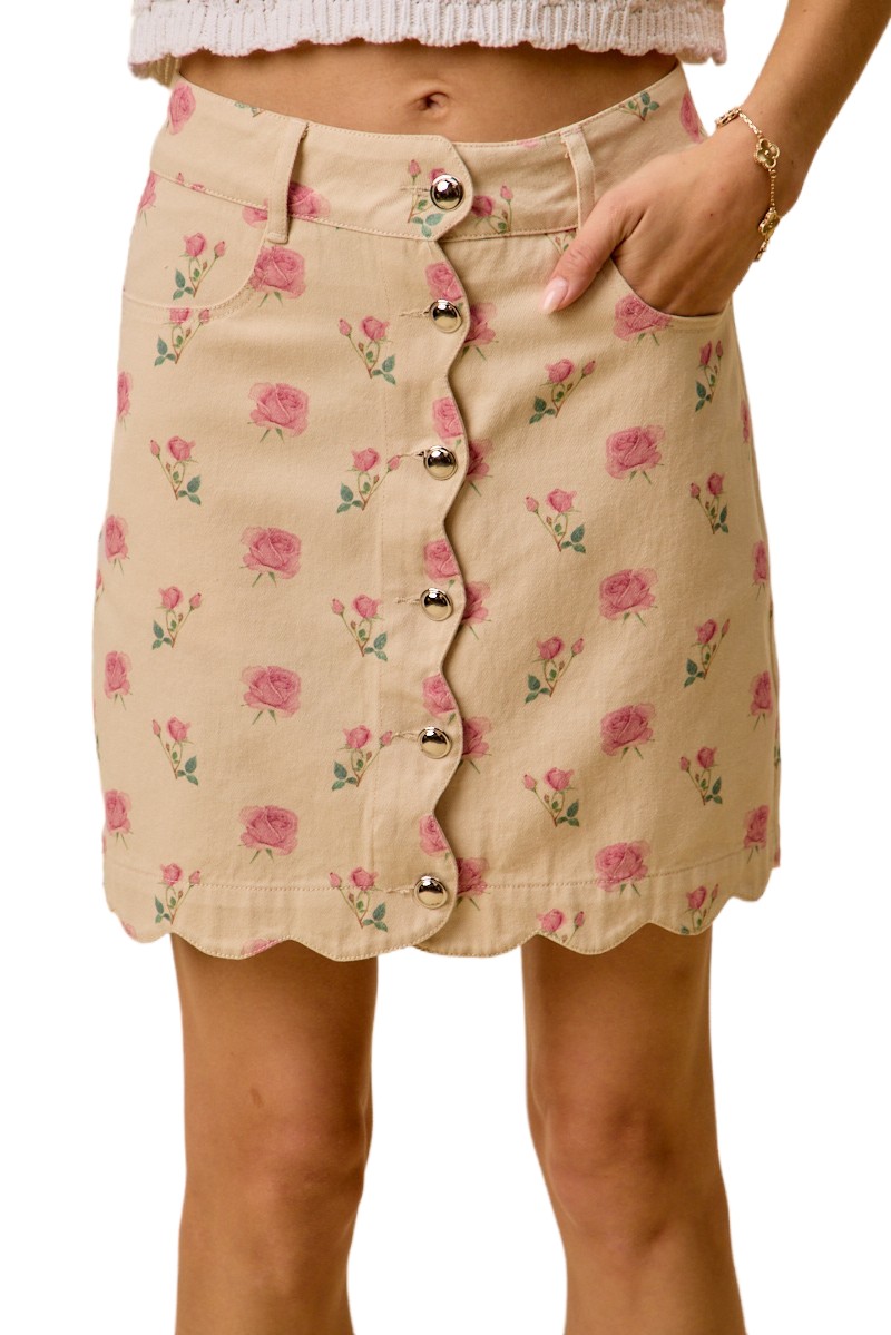 Floral Rose Print Cotton Twill Scallop Mini Skirt