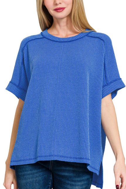 Textured Line Short Cuff Sleeve Raw Edge Top