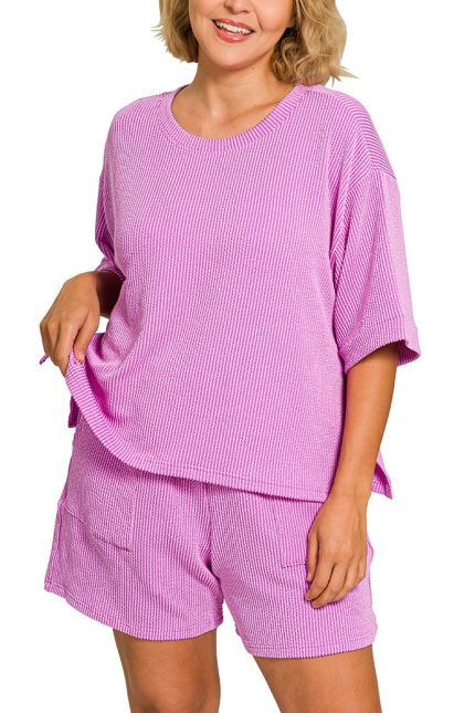 Plus Raised Rib Short Sleeve Tee N Short Pants Set