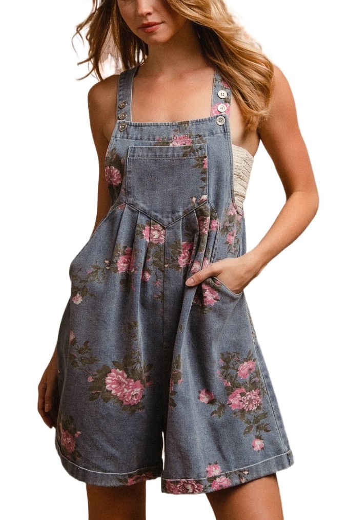 Flower Print Washed Denim Wide Leg Shortalls-adjus
