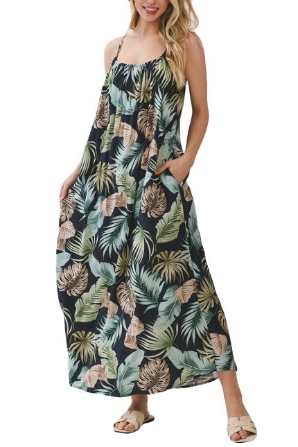 Shirring With Adjustable Tie Maxi Dress