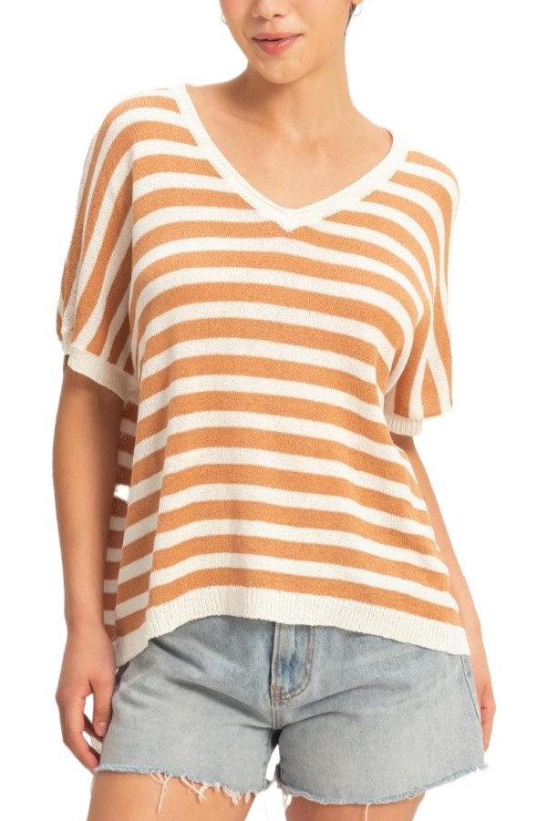 Striped V-neck Short Dolman Sleeve Oversized Top