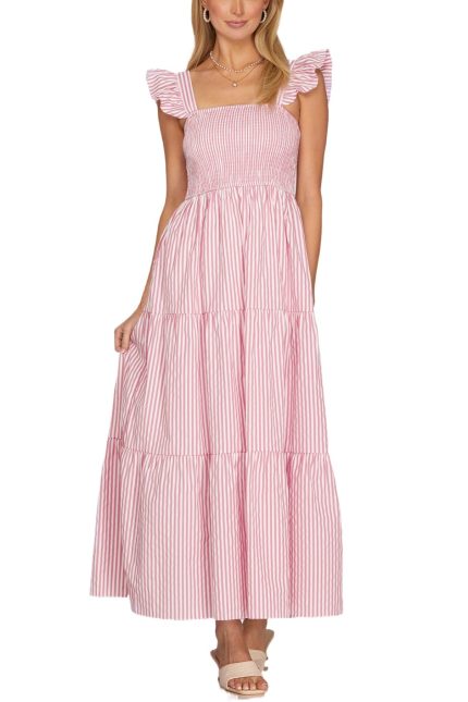 Stripe Smocked Tiered Maxi Dress