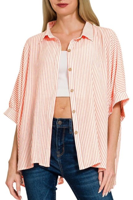 Woven Stripe Button Down Boxy Top