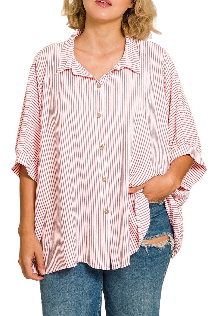 Plus Woven Stripe Button Down Boxy Top