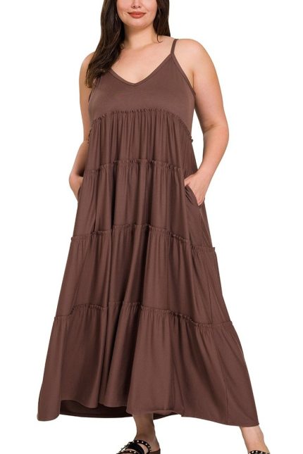 Plus V-neck Cami Maxi Tiered Dress W Side Pockets