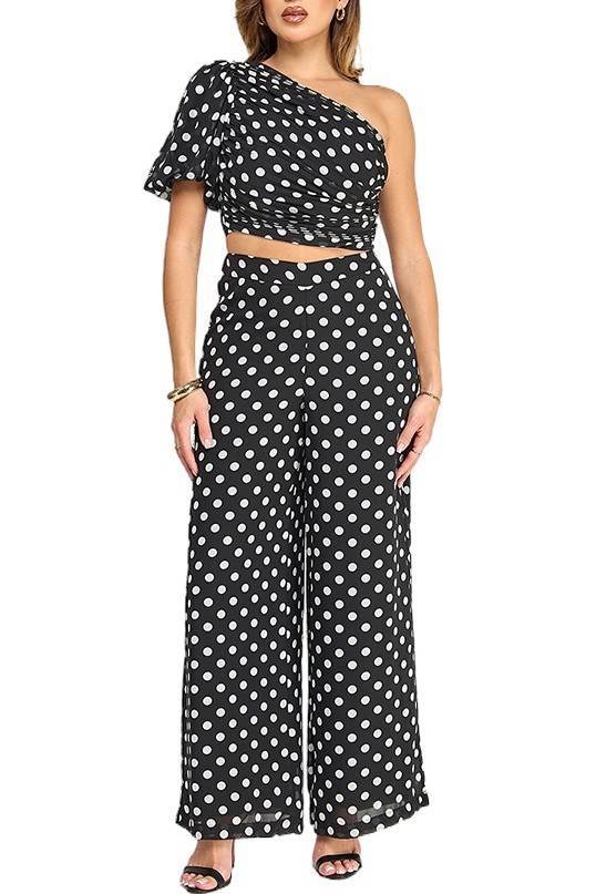Polka Dot Printed One Shoulder Top And Pant Set