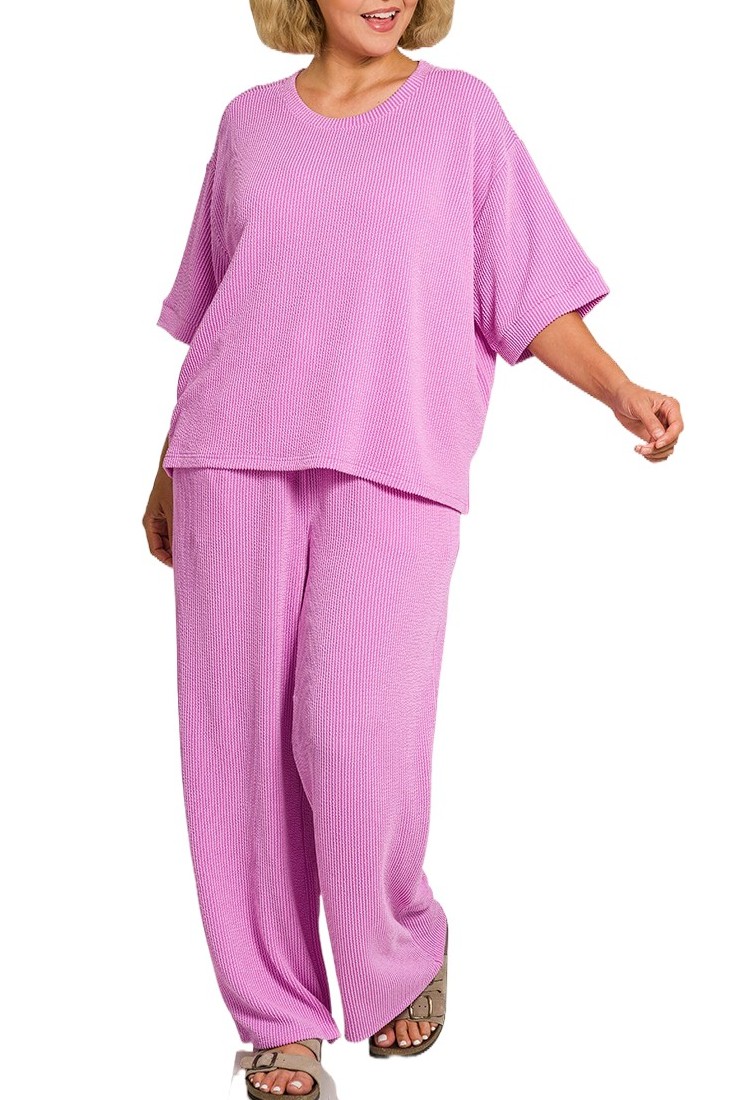Plus Raised Rib Short Sleeve Tee N Pants Set