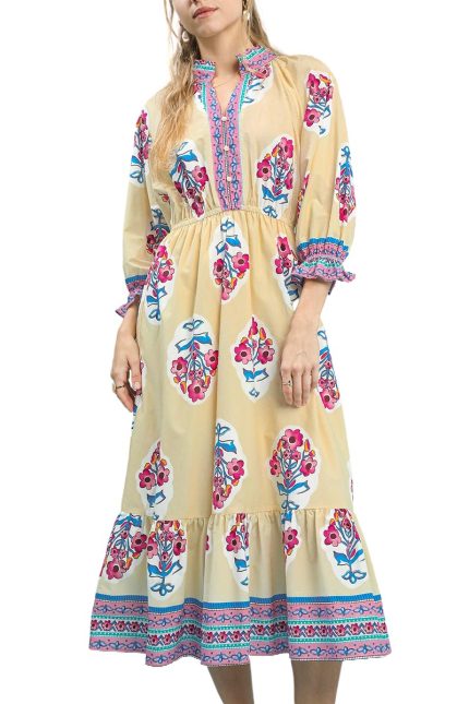 Flower Patch Border Print V-neck Midi Dress