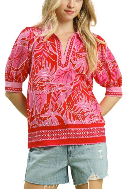Tropical Print Puff Sleeve Blouse