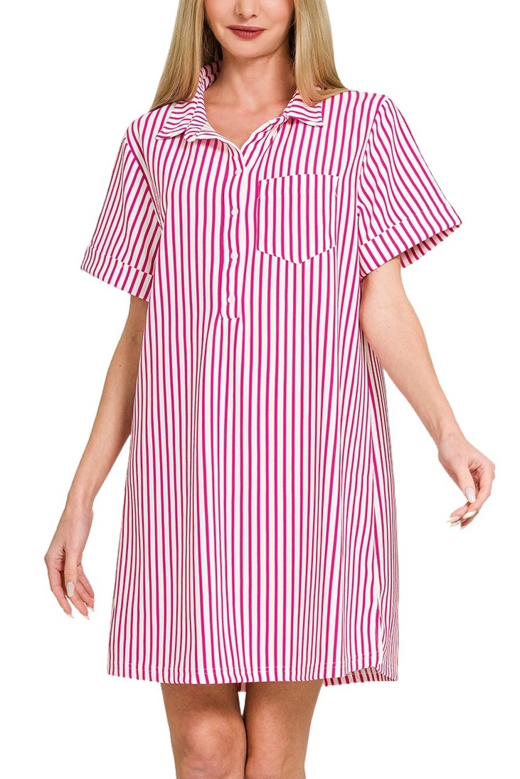 Stripe Collared Half Button Up T-shirts Dress