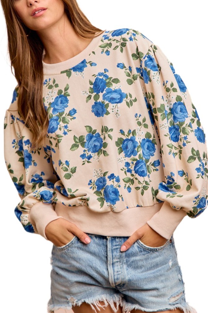 Rose Printed Terry Balloon Sleeves Pull Over Top