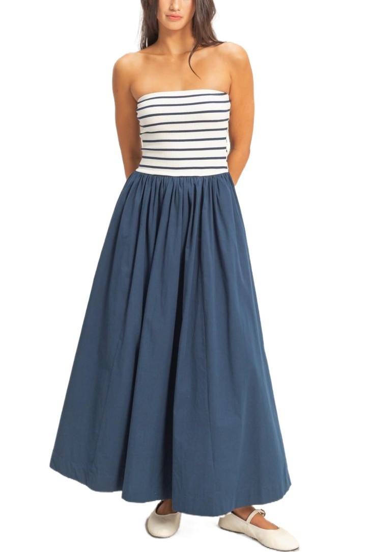Striped Strapless Flowy Midi Dress