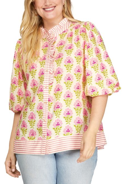 Plus Ruffled Neck Printed Top