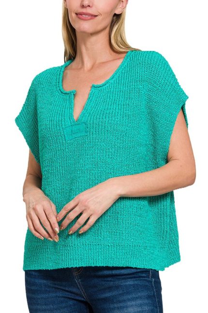 Back Patch Rolled Split-neck Side Slit Pullover