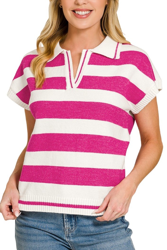 Striped Collared Short Sleeve Sweater
