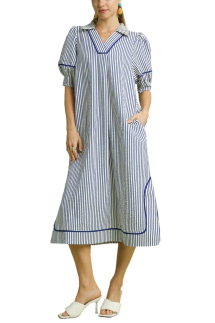 Striped Midi Dress With Puff Sleeves