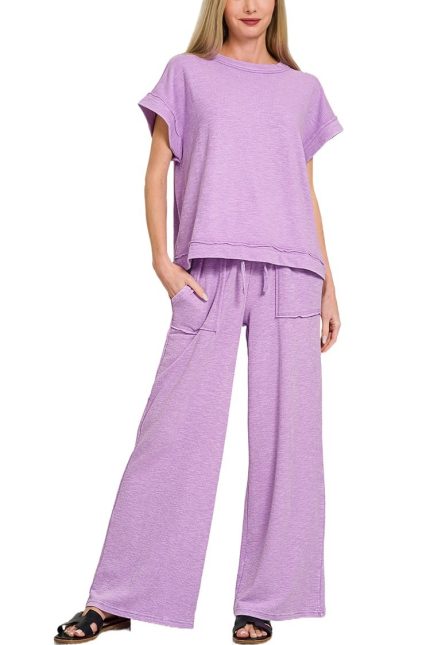 Washed Slub Short Sleeve Tee And Long Pants Set