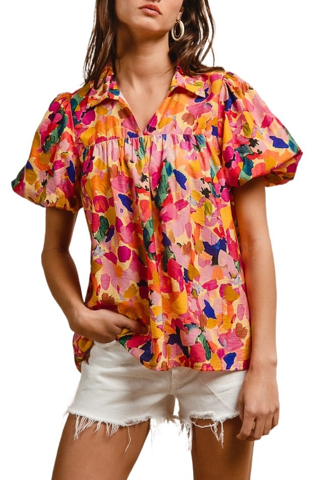 Floral Print Shirring Yoke Puff Sleeves Top