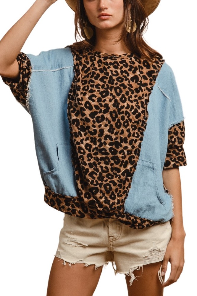 Denim With Leopard Prints Cut Edge Detail Top