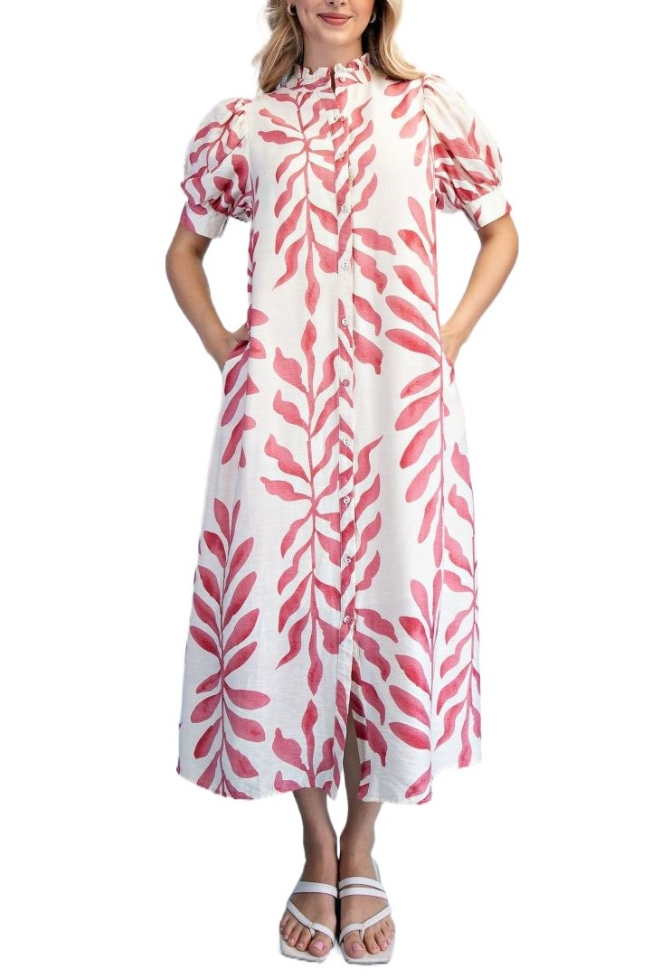 Leaf Print Button Down Midi Dress