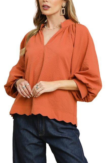 Split V Neck Top With Balloon Sleeves