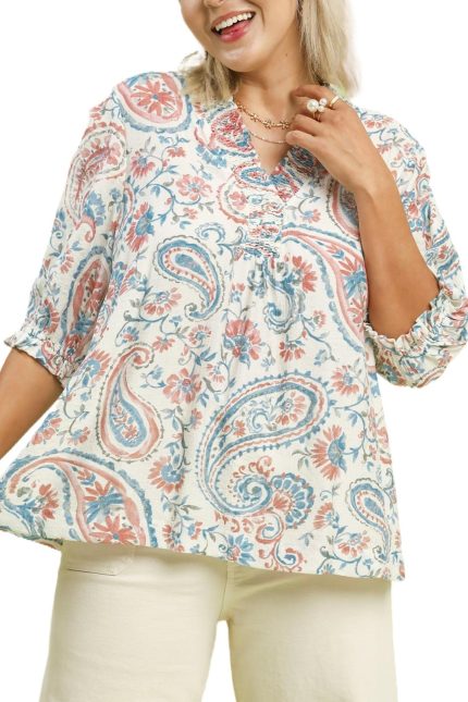 Plus Smocked V-neck Paisley Top