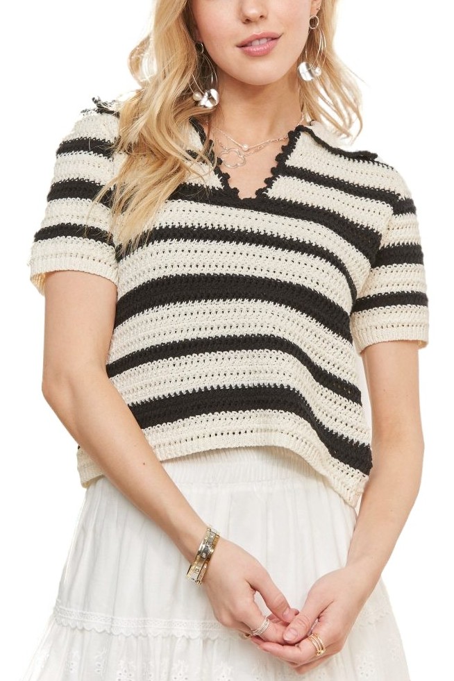 Short Sleeves Stripe Crochet Blouse