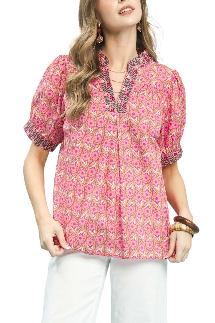 Mix Boho Puff Sleeve Split Neck Top