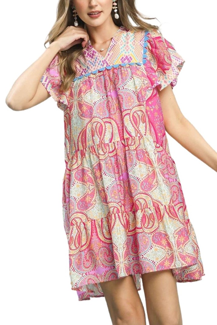 Mix Paisley Tiered Flutter Sleeve Boho Dress