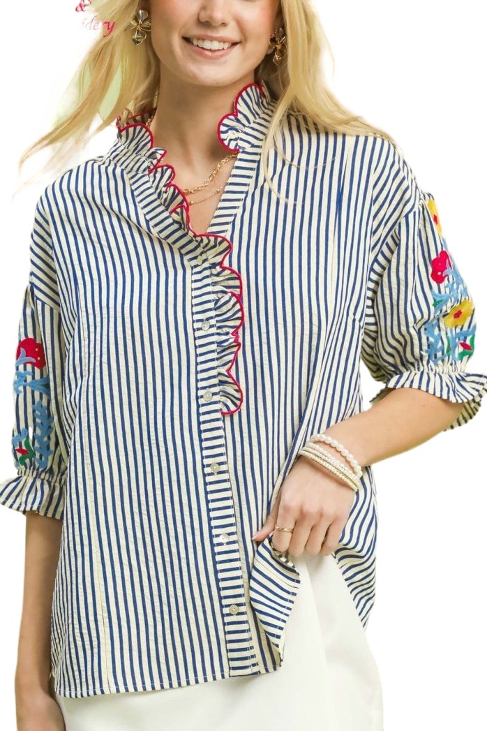 Embroidered Ruffle Trim Stripe Blouse