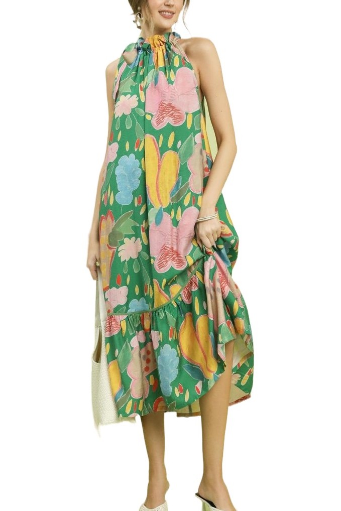 Multi-color Floral Halter Neck Tiered Midi Dress