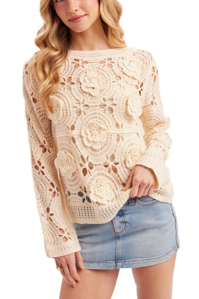 Boat Neck Open-work Floral Crochet Top